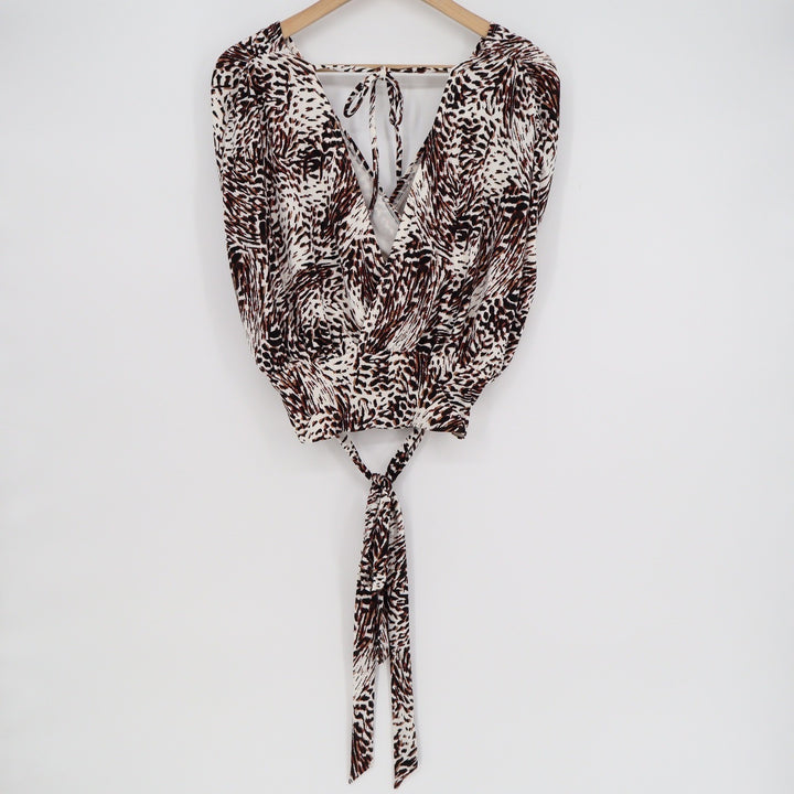 Express Animal Print Surplice Tie Waist Wrap Top Brown Black Large NWT
