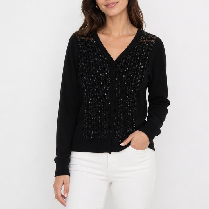 Poof Womens Black Sequin Crochet Mesh Button Front Cardigan Sweater 12725 Large