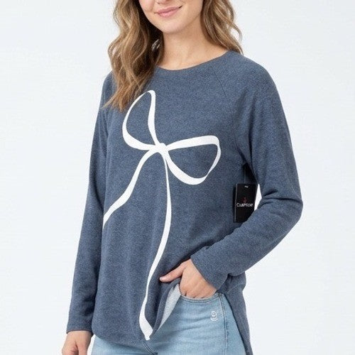 Cuddl Duds Pajama Shirt Womens Medium Blue Bow Print Stretch Raglan Long Sleeve