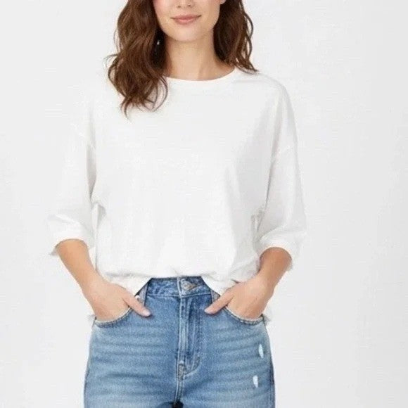 Madewell Crop T-Shirt Women Medium White Cotton Side Slit Crew Neck Short Sleeve