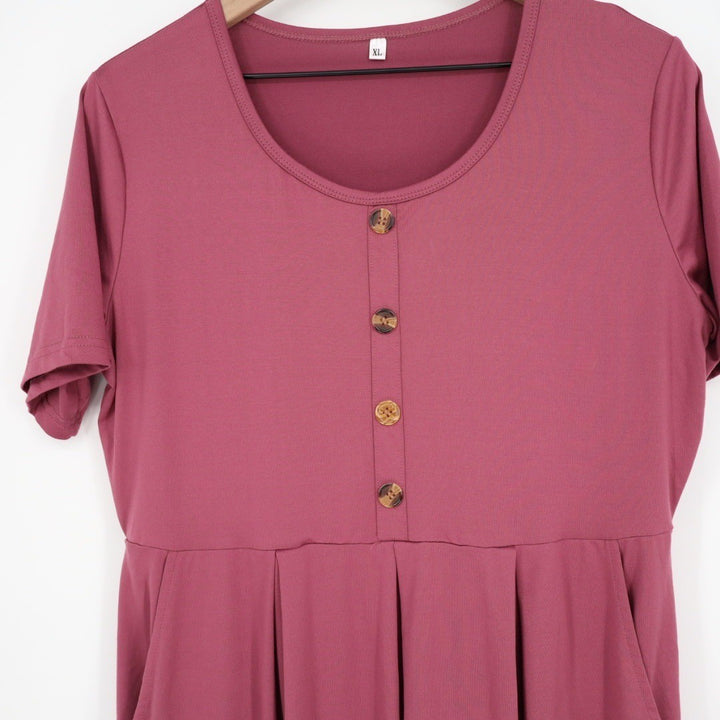 Womens Plus Size XL Mauve Pink Button Front Short Sleeve Midi Dress Pockets