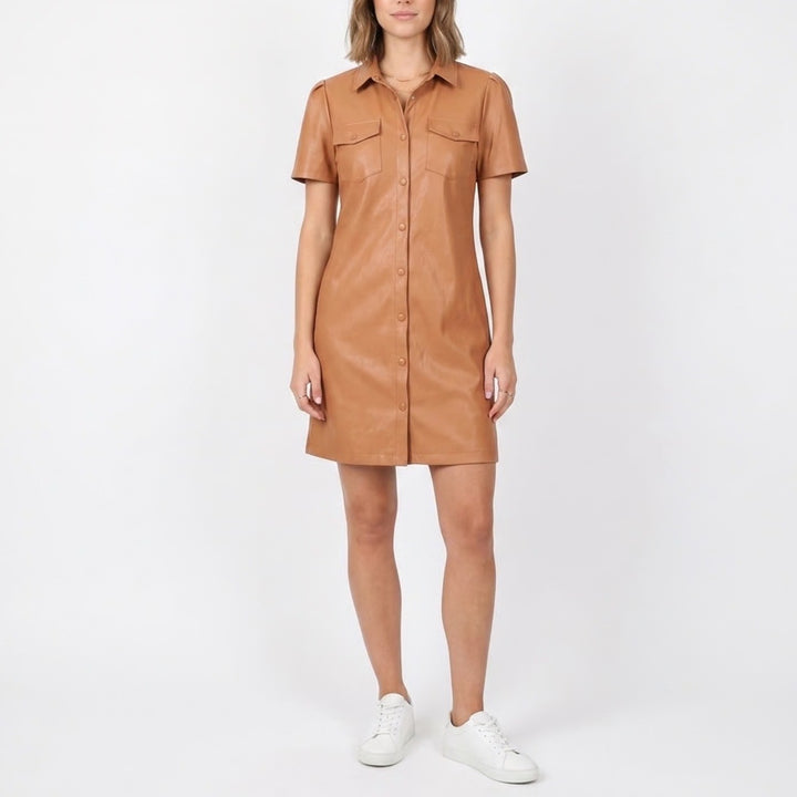 Marc New York Tan Faux Leather Button Front Shirt Dress
