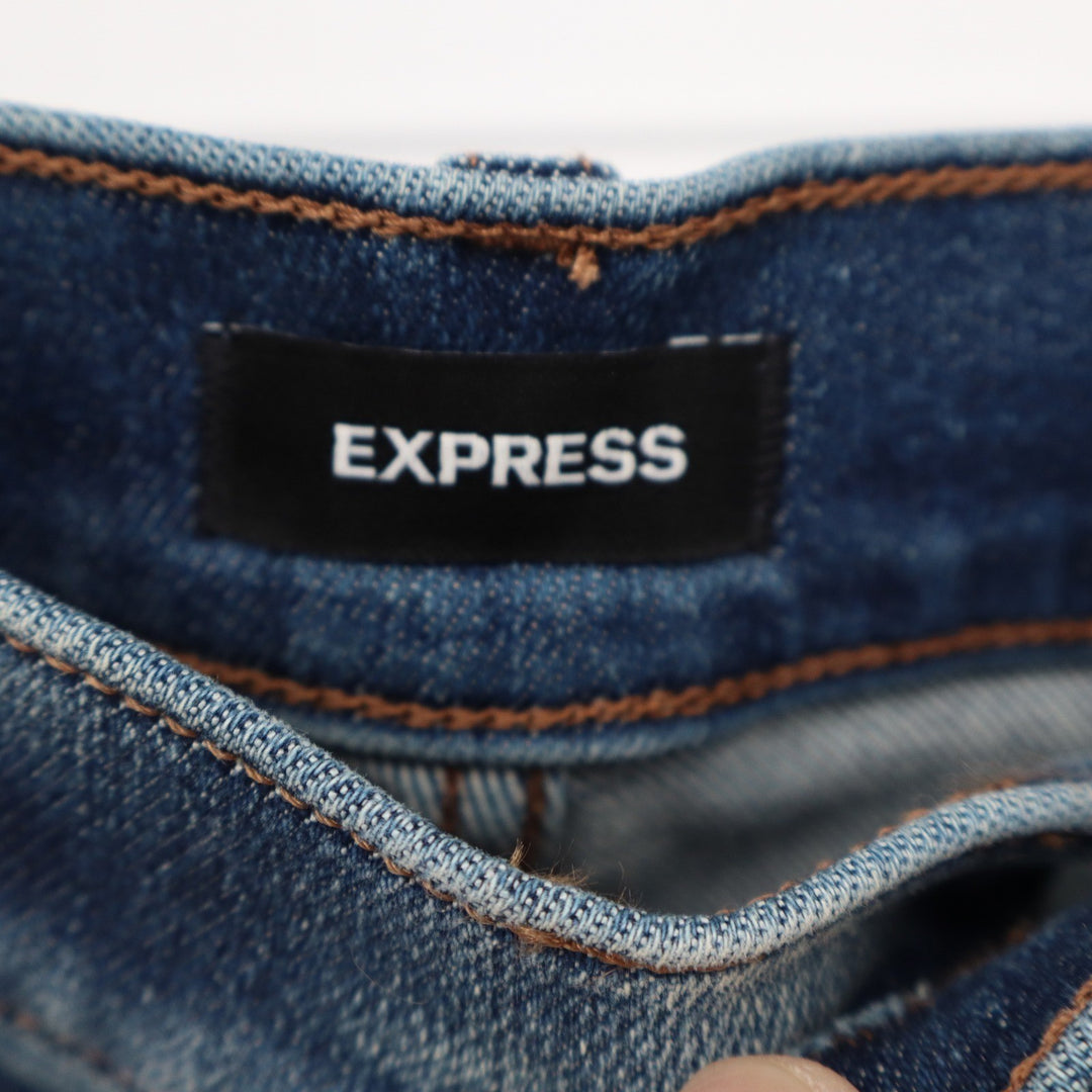 Express Skyscraper Mid Rise Flare Jeans Blue Distressed Ripped 12R