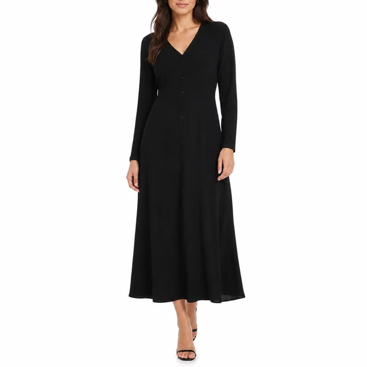 Black Ribbed Knit Button Front V-Neck Midi Dress Long Sleeve XL