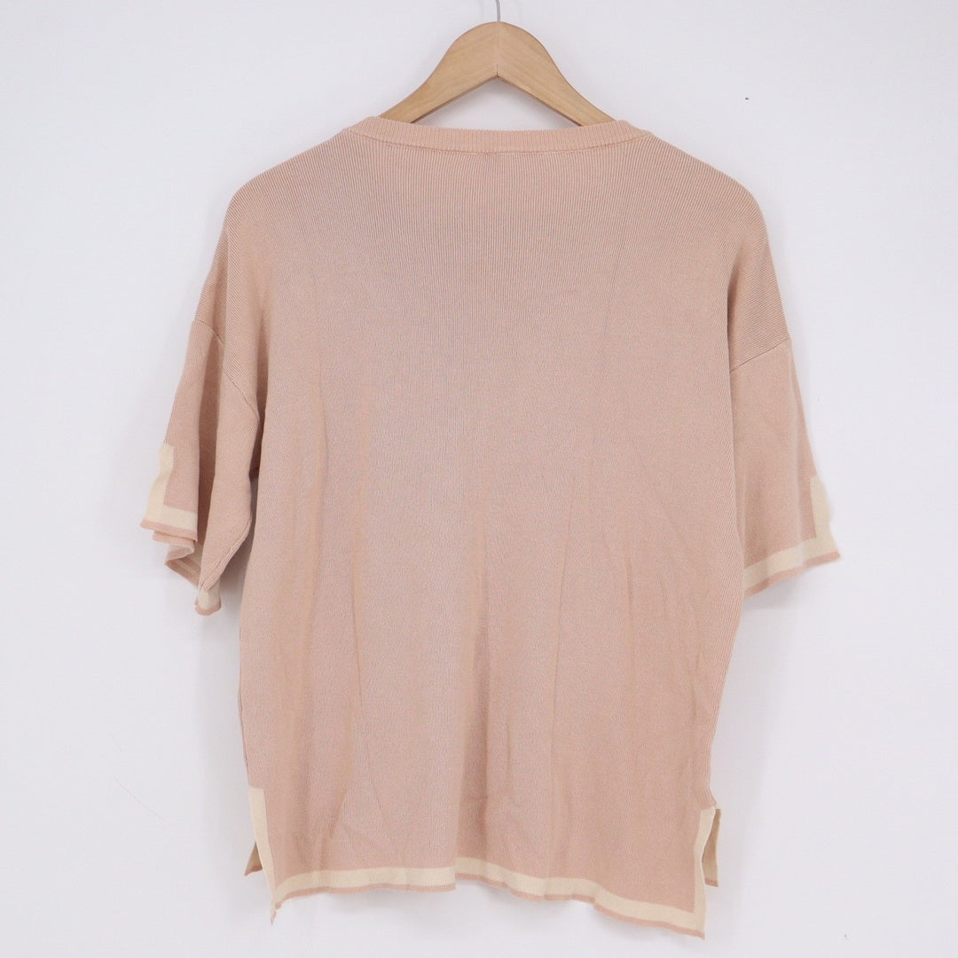 Fashion Peach Short Sleeve Knit Sweater Top Contrast Trim Size M