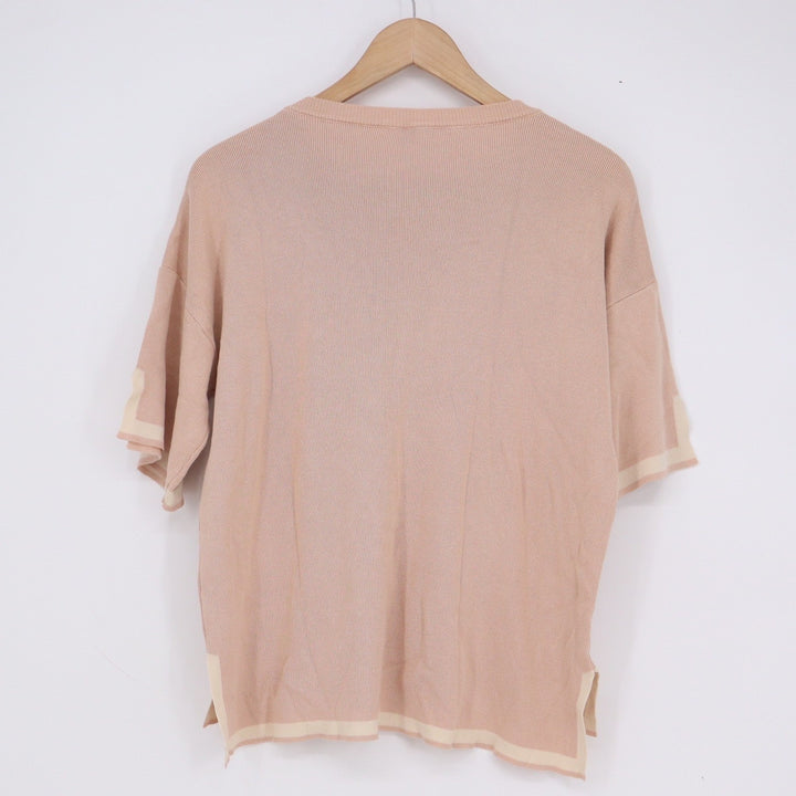 Fashion Peach Short Sleeve Knit Sweater Top Contrast Trim Size M
