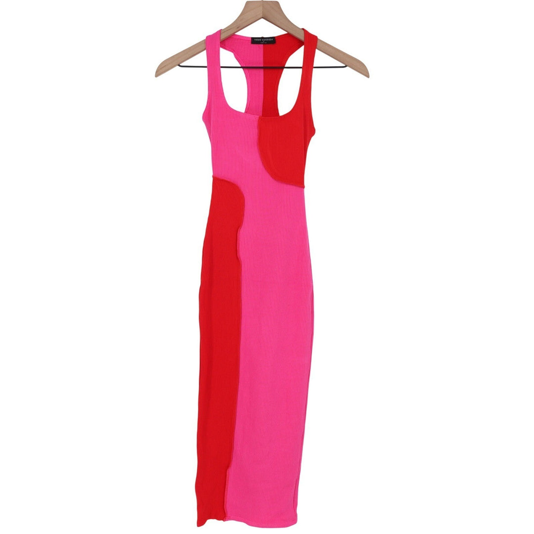 Naked Wardrobe Pink Red Colorblock Ribbed Midi Dress Small