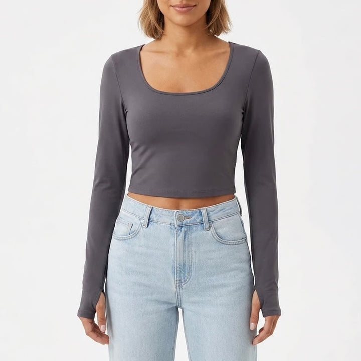 HM Divided Womens Charcoal Gray Scoop Neck Long Sleeve Crop Top Thumbholes L