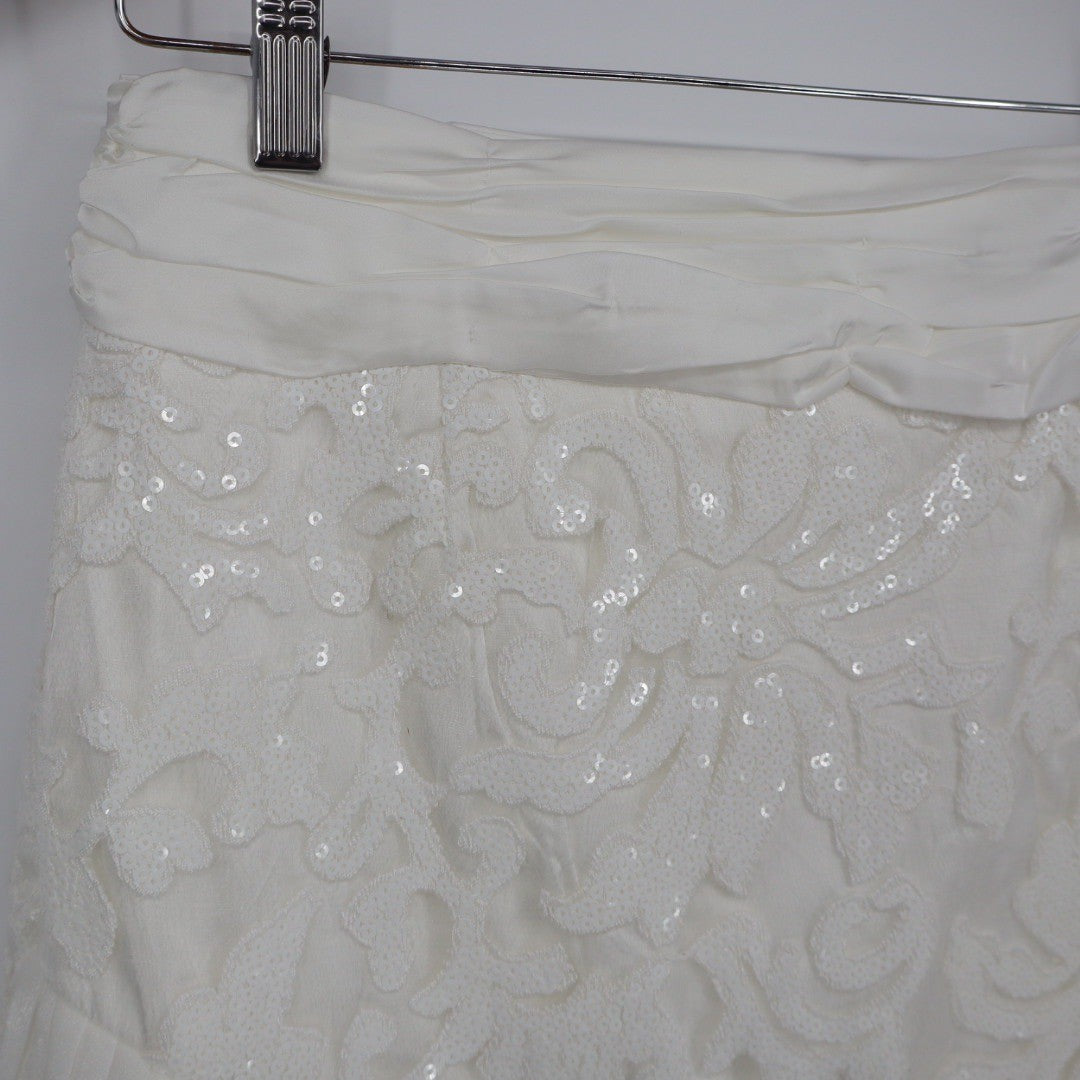 Naked Wardrobe White Sequin Floral Mini Skirt Pleated Ruffle Hem