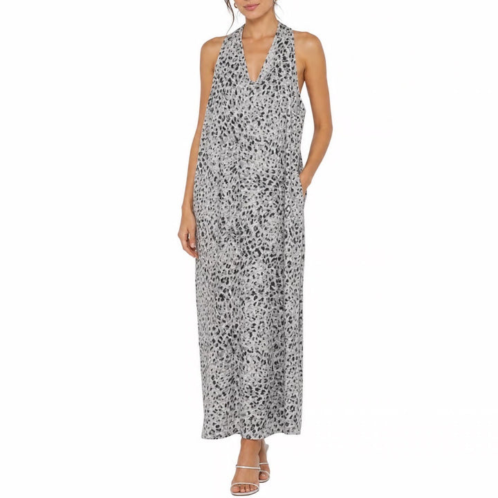 Old Navy Womens XL Grey Leopard Print Linen Blend Halter Maxi Dress