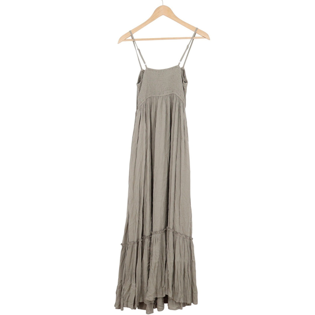 Lovestitch Smocked Tiered Maxi Dress Olive Grey Rayon Boho M