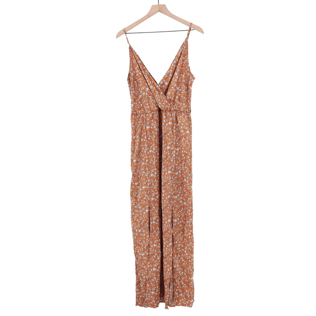 SHEIN Womens XL Rust Orange Floral Surplice V-Neck Spaghetti Strap Maxi Dress