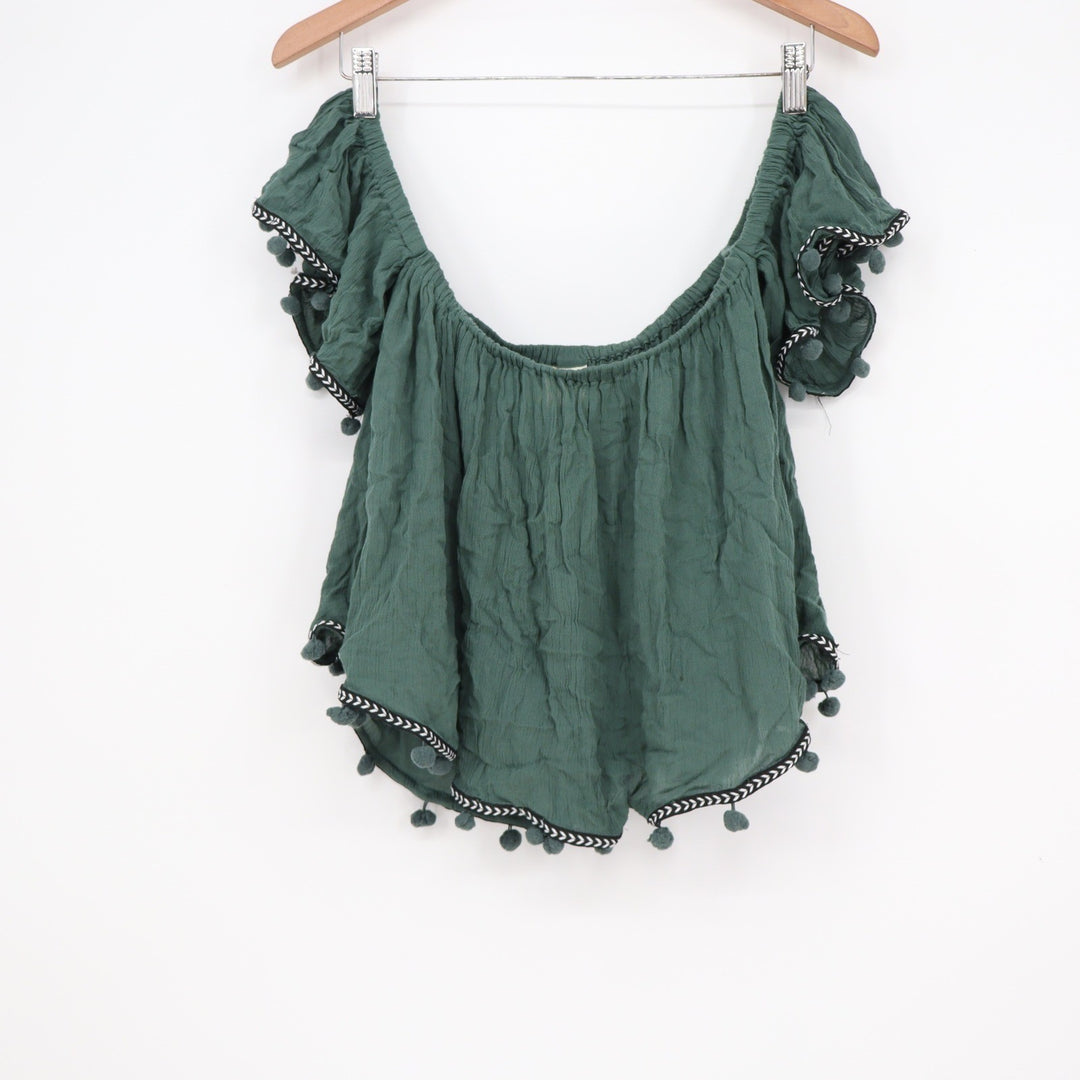 Japna Forest Green Off Shoulder Pom Pom Trim Boho Crop Top Large