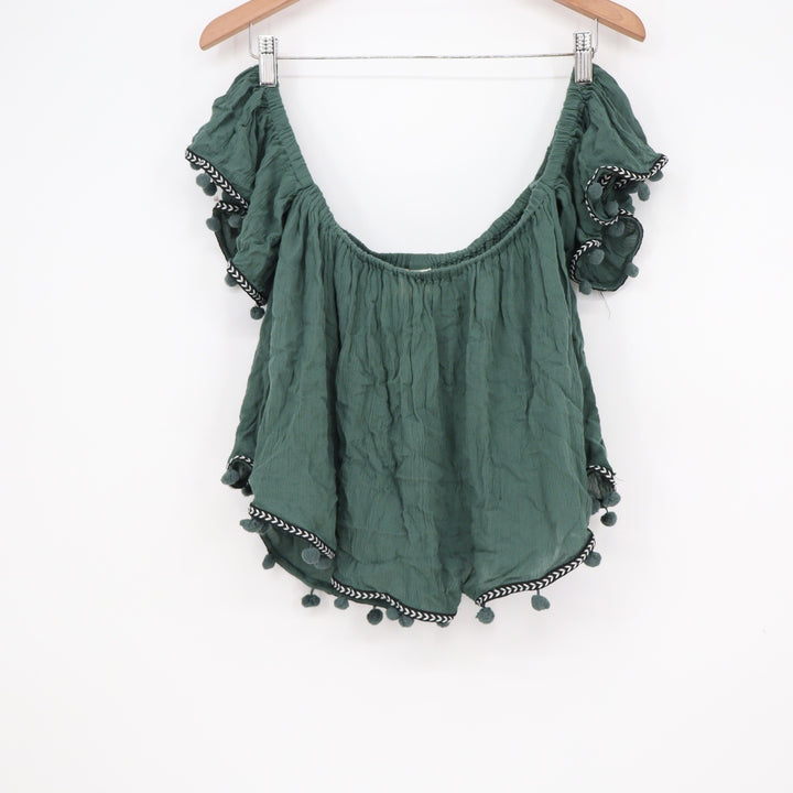 Japna Forest Green Off Shoulder Pom Pom Trim Boho Crop Top Large