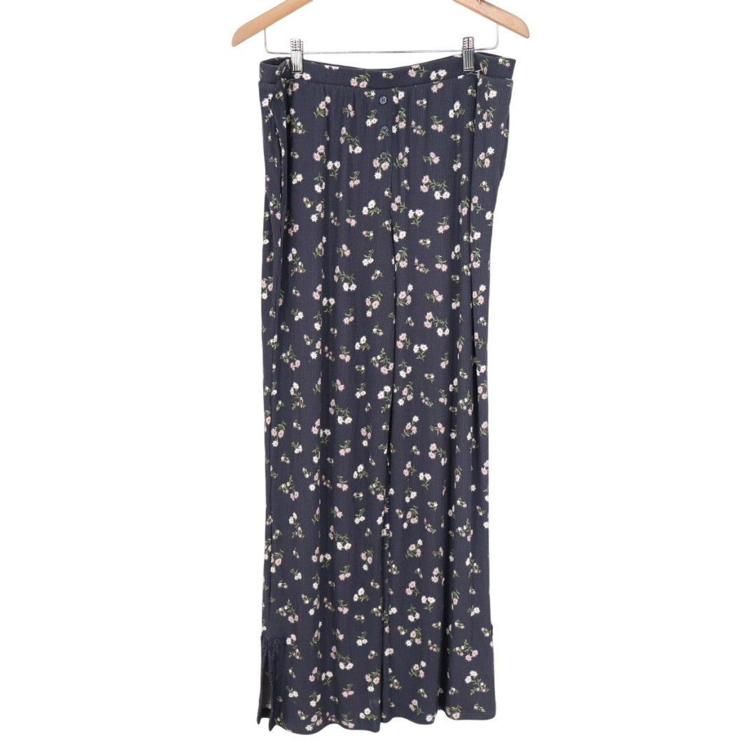 Women Pajama Pants XL Navy Blue Ditsy Floral Stretch Ribbed Lace Trim Ankle Slit