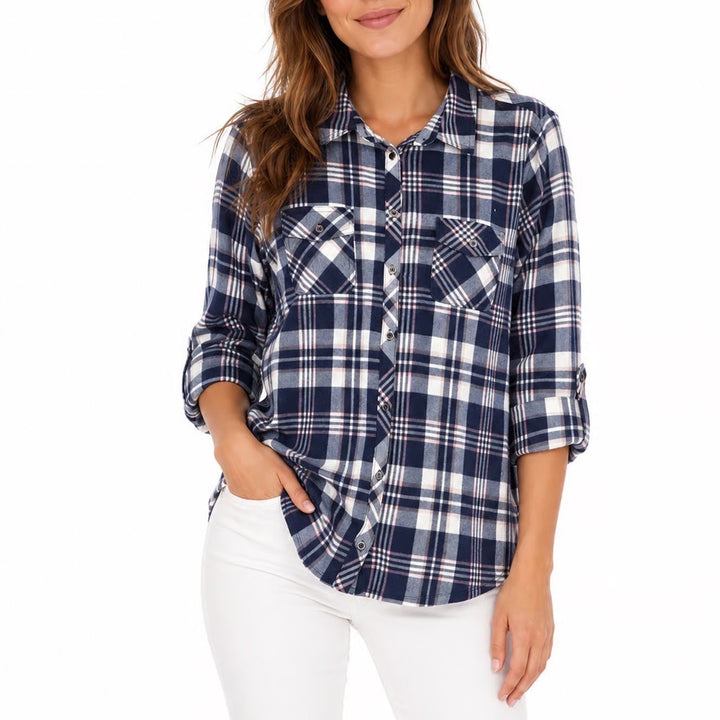 Como Vintage Womens XL Navy Blue Plaid Button Down Shirt Long Sleeve