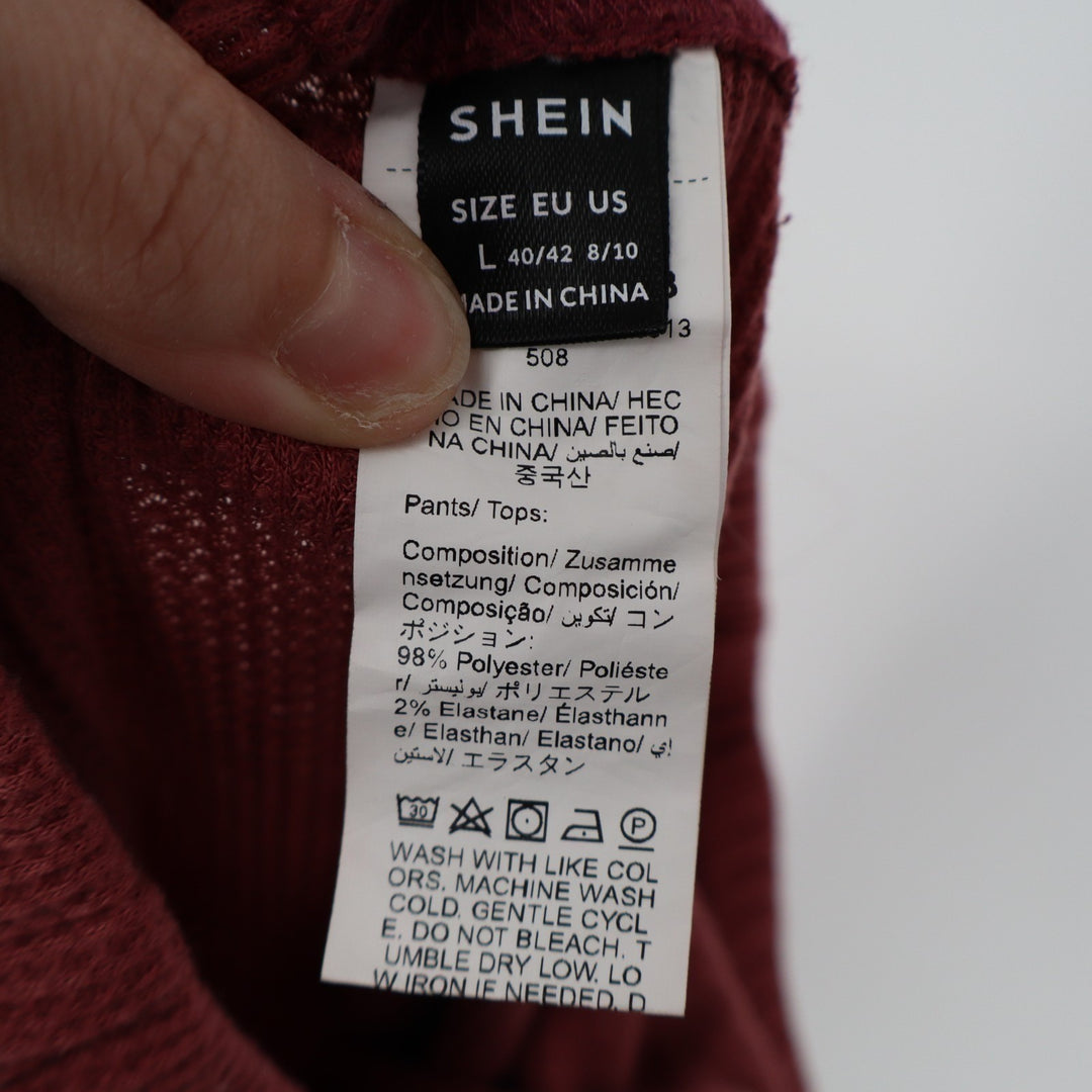 Shein Waffle Knit Pants Womens Large Burgundy Stretch Drawstring Waist Wide Leg