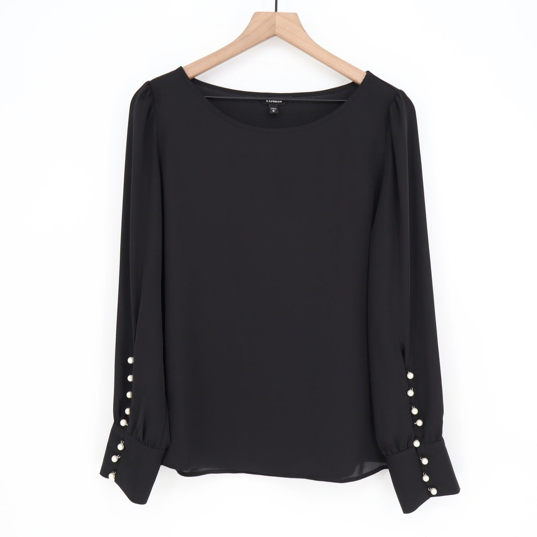 Express Black Pearl Button Cuff Long Sleeve Scoop Neck Blouse Medium
