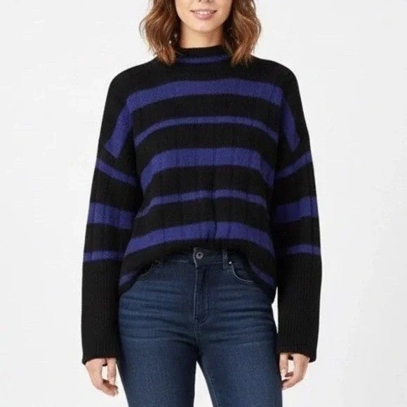 Madewell Sweater Womens 2XS Black Blue Knit Striped Ribbed Long Sleeve Mock Neck