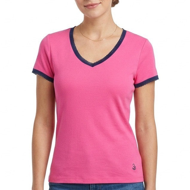 Cuddl Duds T Shirt Womens Small Pink Blue Trim Cotton Ribbed V Neck Sleepwear
