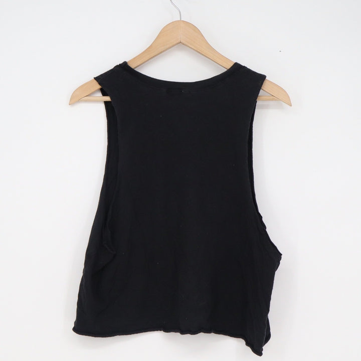 Forever 21 Shark Attack Graphic Muscle Tank Top Black Large Raw Hem Cropped
