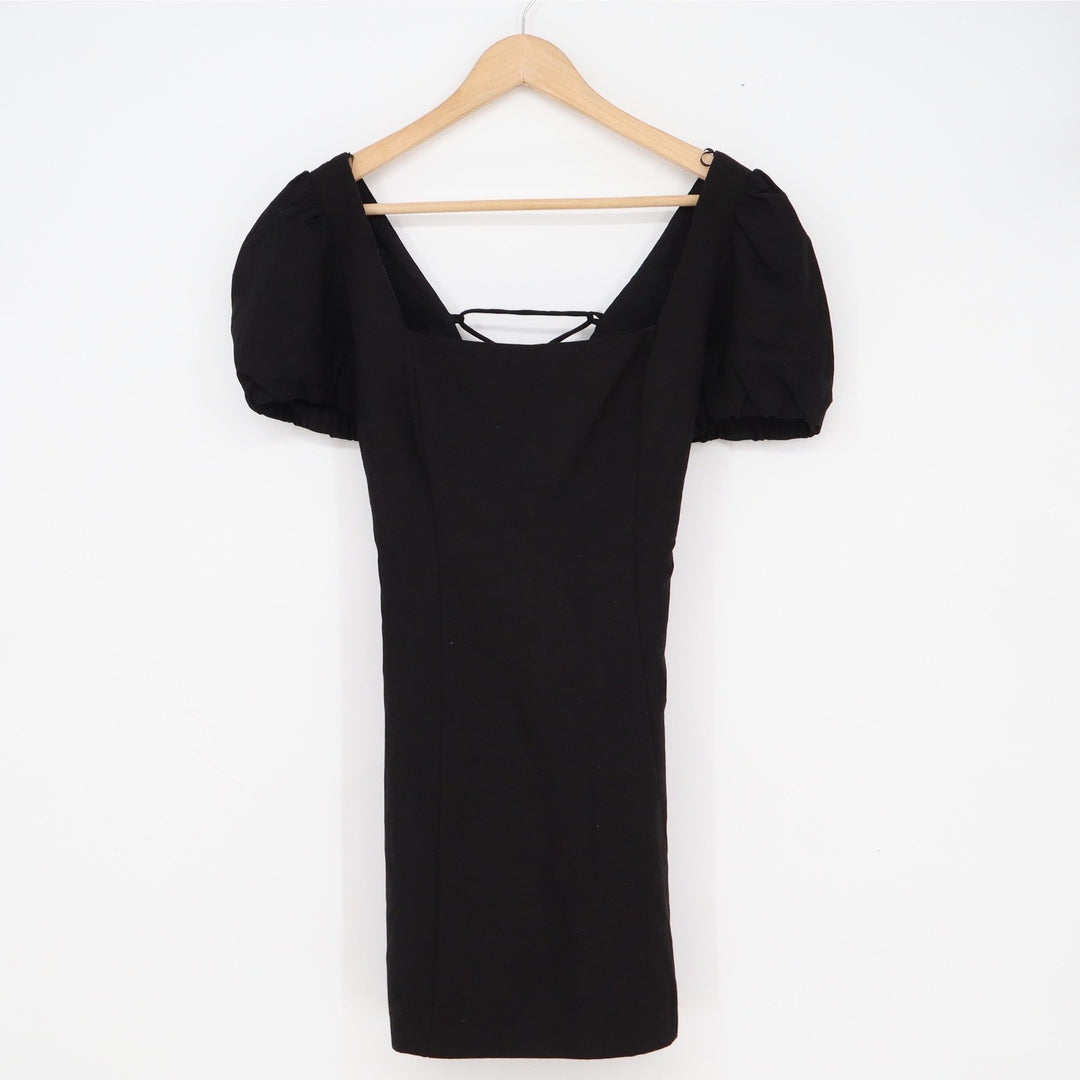 Zara Black Puff Sleeve Lace Up Back Mini Dress Square Neck Linen Blend Size M