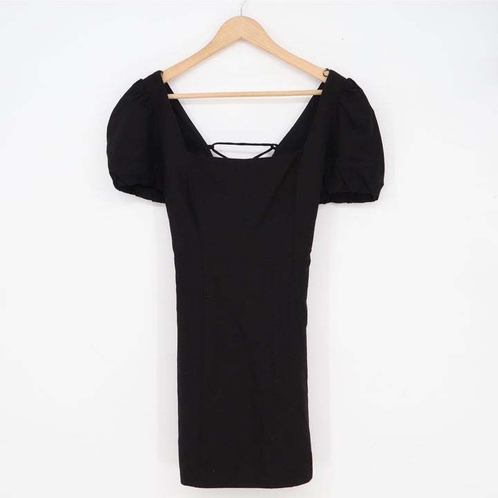 Zara Black Puff Sleeve Lace Up Back Mini Dress Square Neck Linen Blend Size M