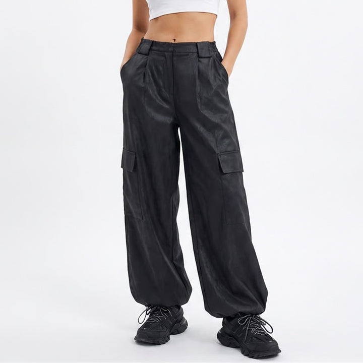 Simkhai Sofia Cargo Pants Womens 4 Black Vegan Leather Wide Leg Ankle Cinched