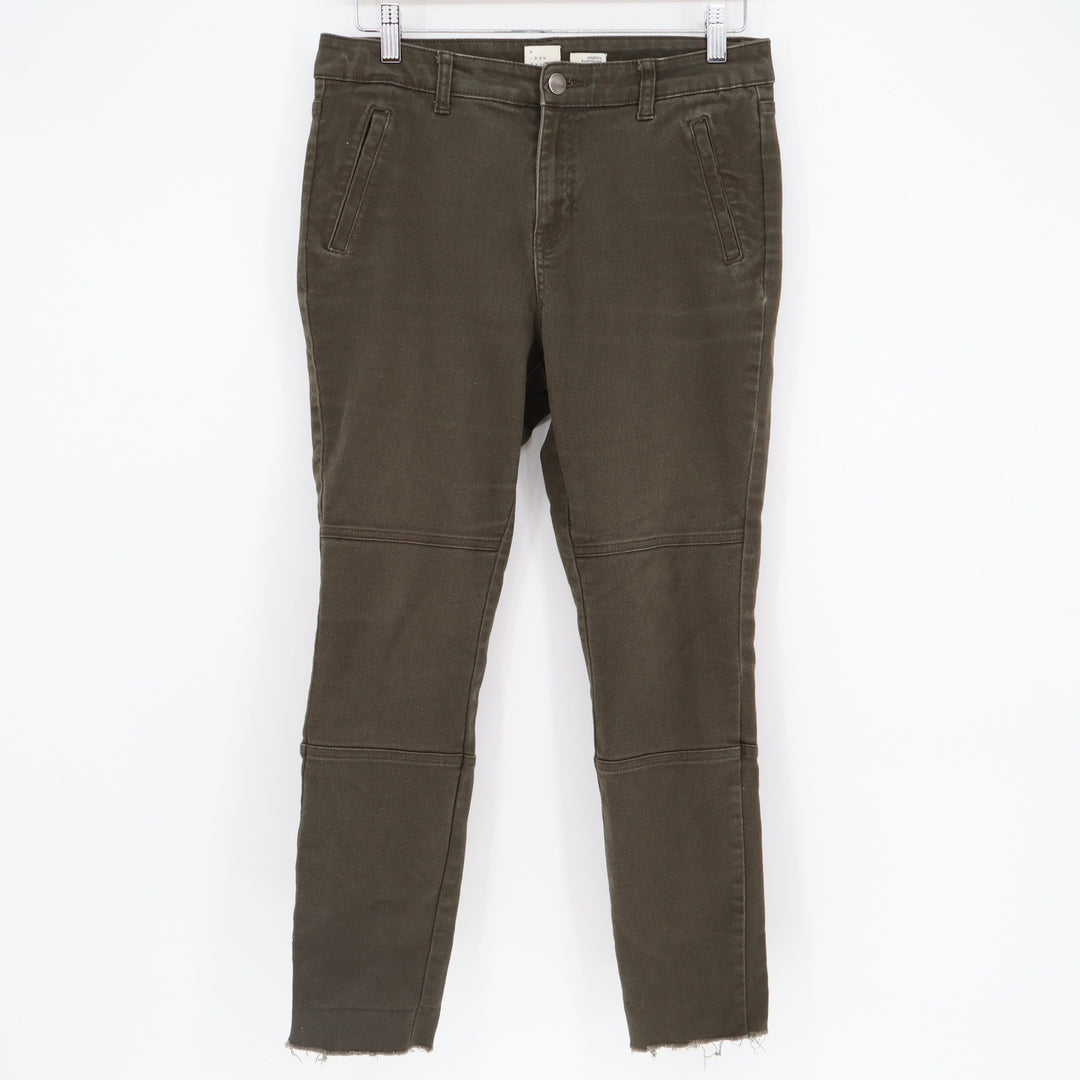 A New Day Olive Green Skinny Moto Pants Knee Seam Raw Hem Size 10 Stretch