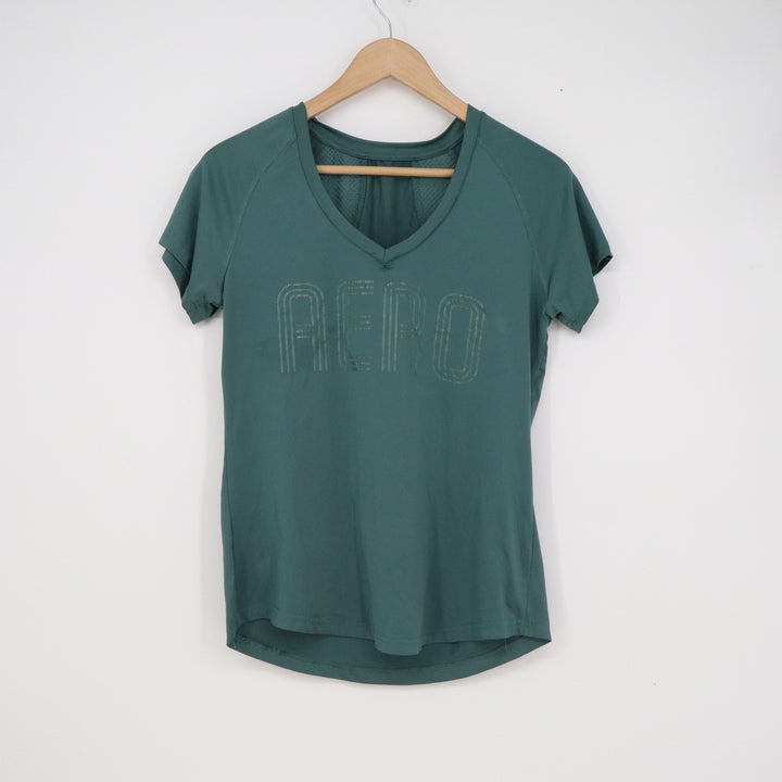 Aeropostale Womens AERO Mesh Back V-Neck Activewear T-Shirt Teal Green Size S