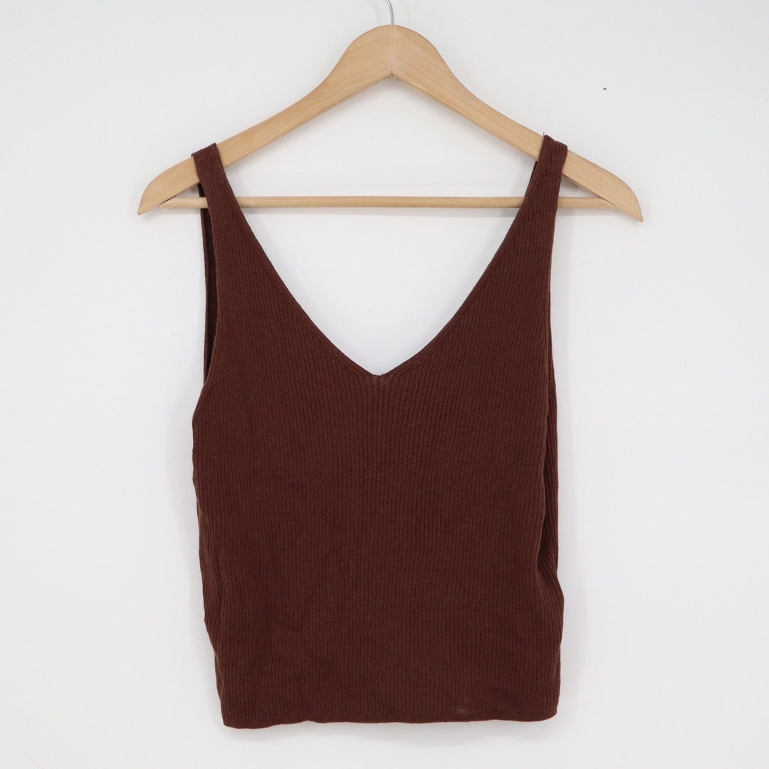 Gap Womens Brown Ribbed V-Neck Sweater Tank Top Cropped Size Large Cotton Blend