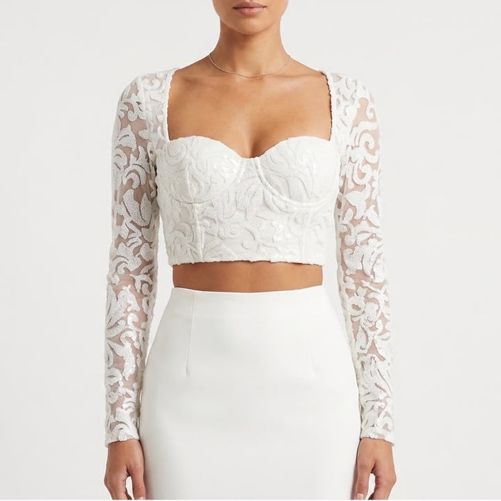 Naked Wardrobe White Sequin Lace Long Sleeve Crop Top Bustier Small