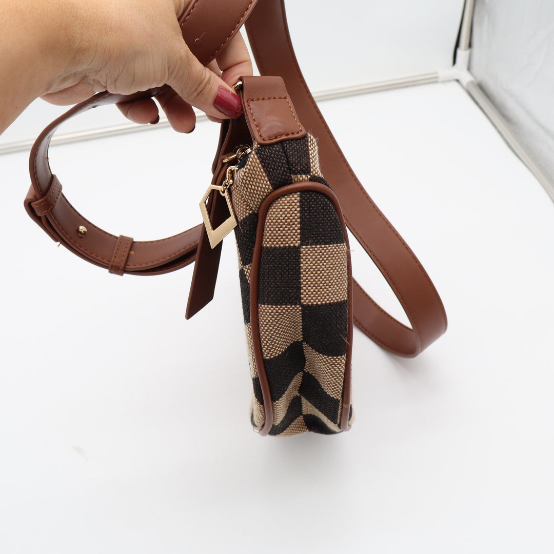 Unbranded Crossbody Bag Womens OS Checkered Brown Crescent Sling Pouch Excellent