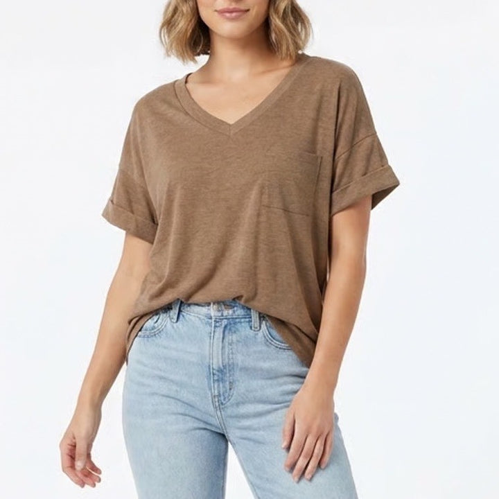 Miholl Womens XXL V-Neck Pocket Tee Short Sleeve Heather Brown Relaxed Fit Shirt