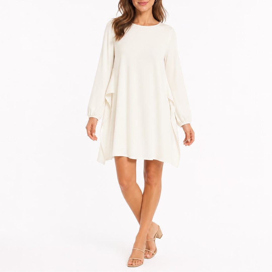 PRETTYGARDEN White Long Sleeve Tie Back Mini Dress Medium Round Neck Solid