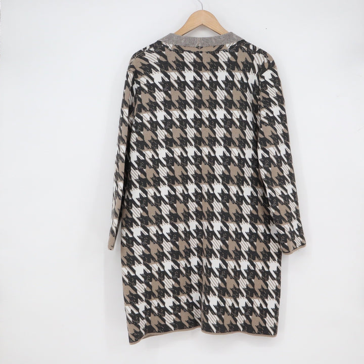 Oliver.o by Escio Houndstooth Longline Cardigan Sweater Tan Black 1X Plus Size