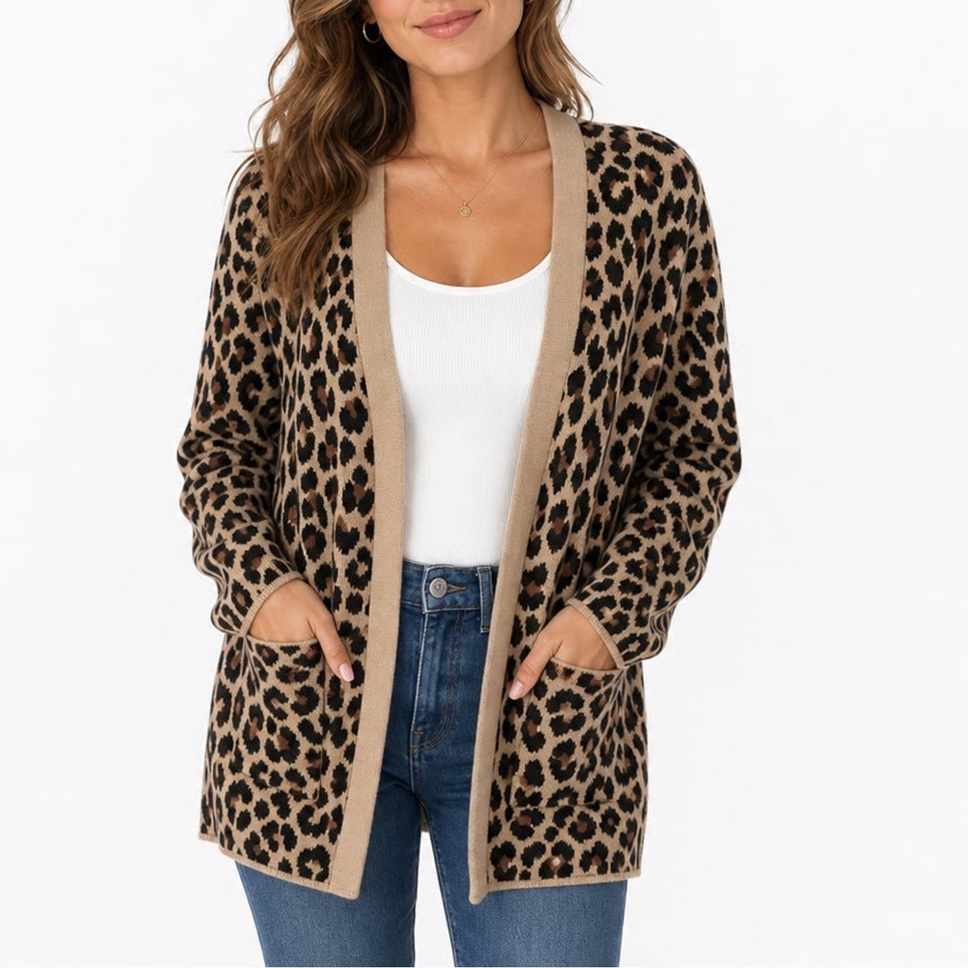 J.Crew Leopard Print Open Front Cardigan Sweater XL Cotton Tan Brown