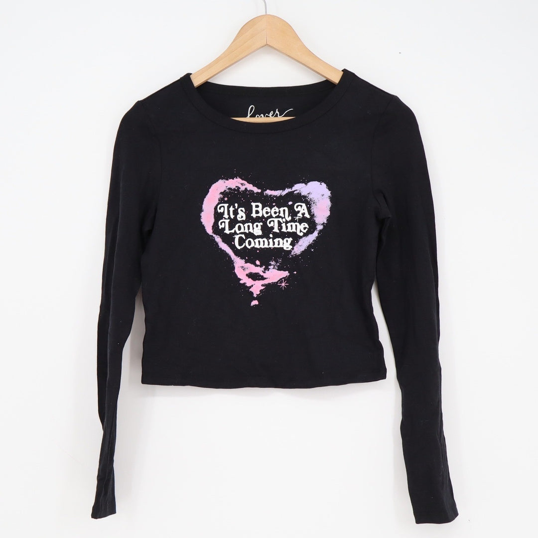 Taylor Swift Lover Long Sleeve Crop Top Black Heart Graphic Shirt Womens Medium