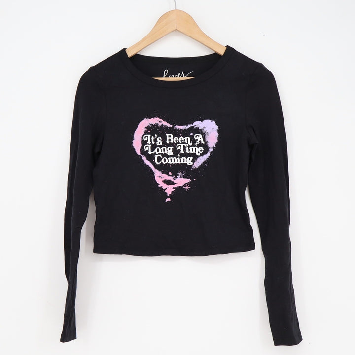 Taylor Swift Lover Long Sleeve Crop Top Black Heart Graphic Shirt Womens Medium
