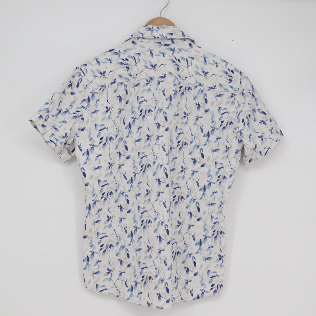 Apt 9 Mens Small Short Sleeve Button Down Shirt Blue Leaf Print Premier Flex S