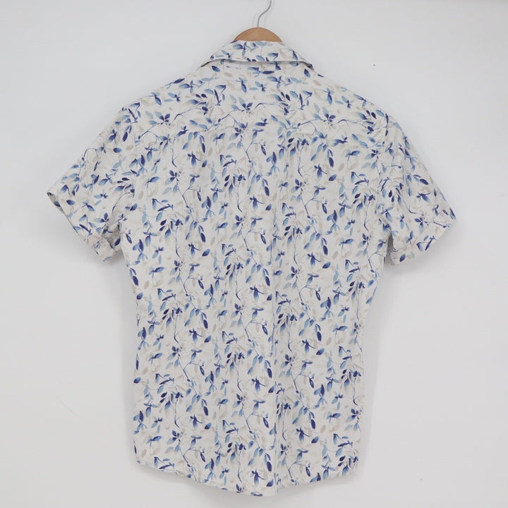 Apt 9 Mens Small Short Sleeve Button Down Shirt Blue Leaf Print Premier Flex S