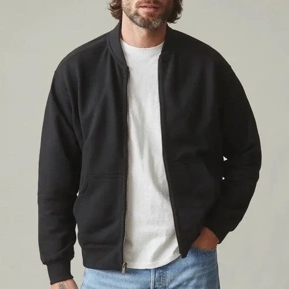 American Giant Fleece Bomber Jacket Mens Large Black Cotton Relaxed Fit Full Zip