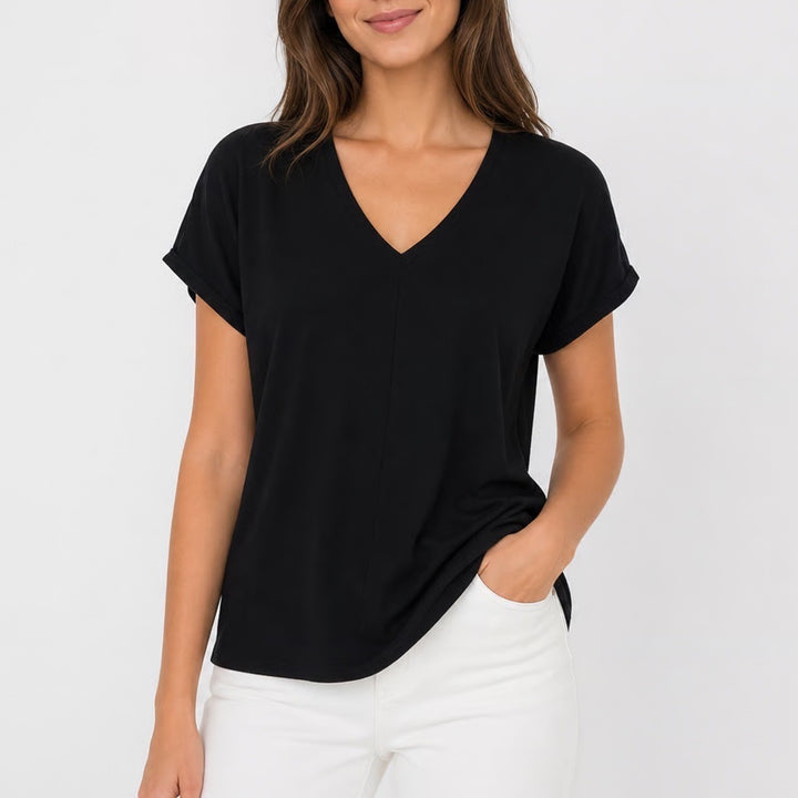 A New Day Womens Black V-Neck Short Sleeve Rolled Cuff Tee Shirt Large