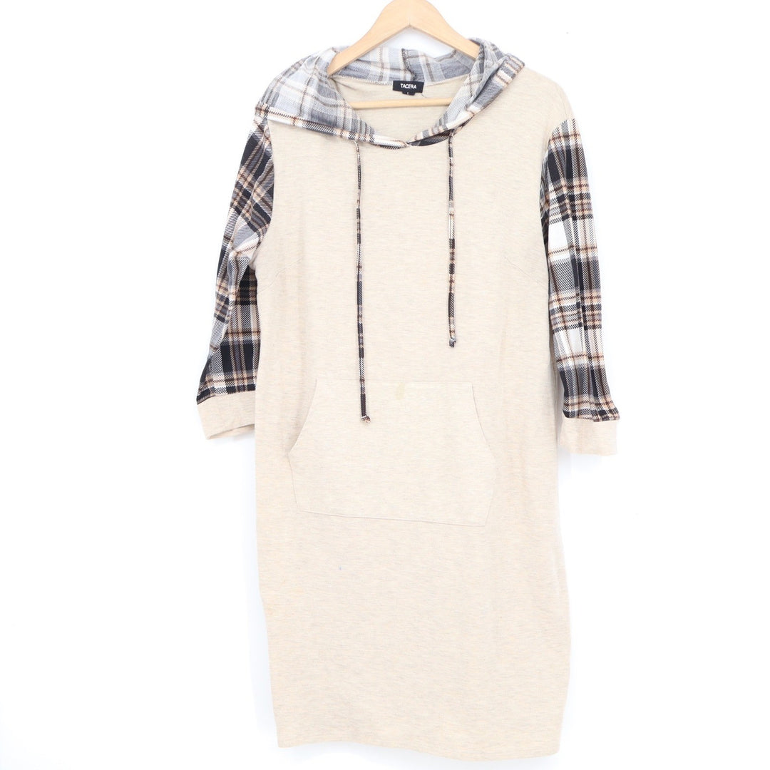 Tacera Plaid Sleeve Hoodie Dress Oatmeal Tan Black Size L