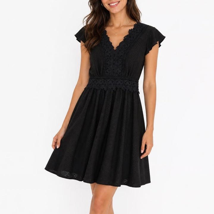 SHEIN Black Eyelet Lace Flutter Sleeve Mini Dress V-Neck Fit & Flare M