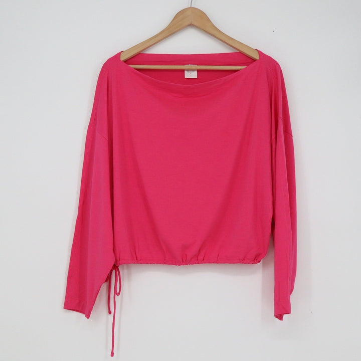 Athleta Pink Boat Neck Long Sleeve Top Cinched Side Tie Cropped Relaxed Medium