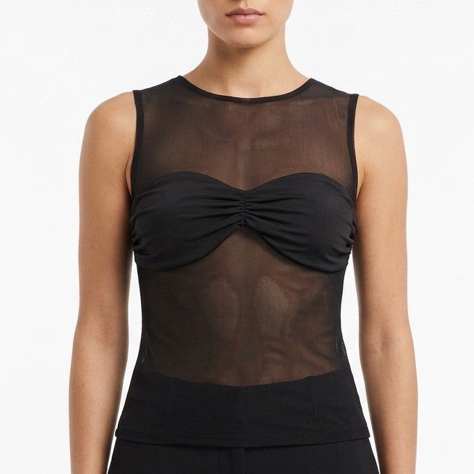 Rose Knit Top Women Medium Black Crew Neck Sleeveless Bust Detailing