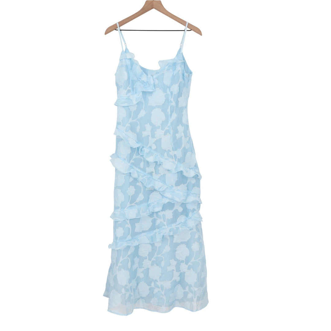 Showpo Michaela Light Blue Floral Jacquard Ruffle Tiered Midi Dress US 8