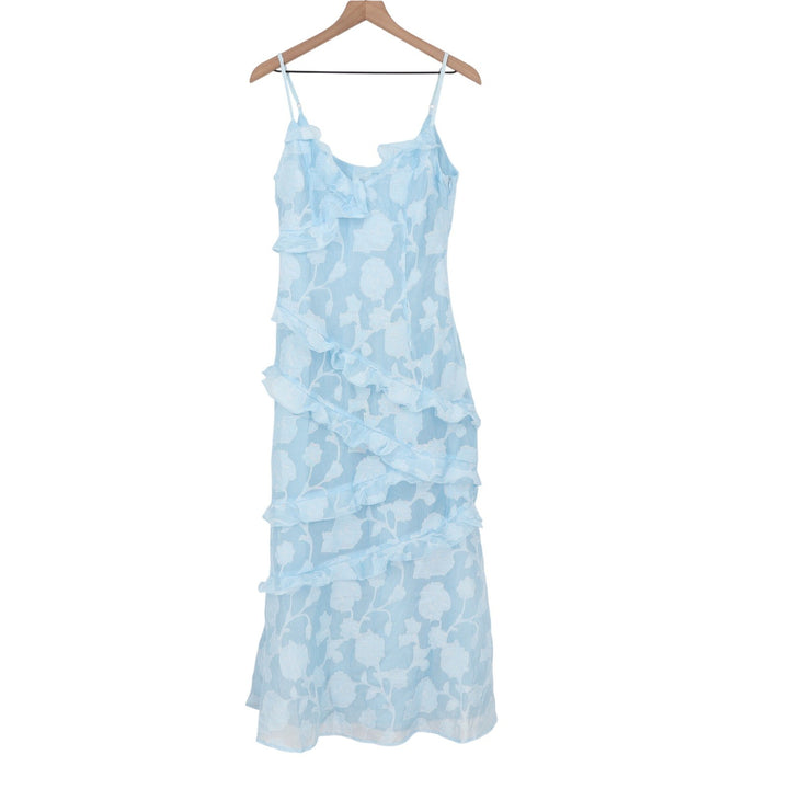Showpo Michaela Light Blue Floral Jacquard Ruffle Tiered Midi Dress US 8