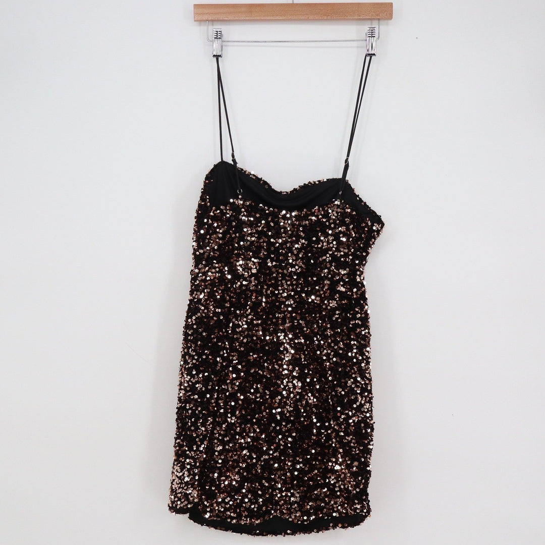 Angel Biba Sequin Mini Dress Black Bronze Spaghetti Strap Party Size L